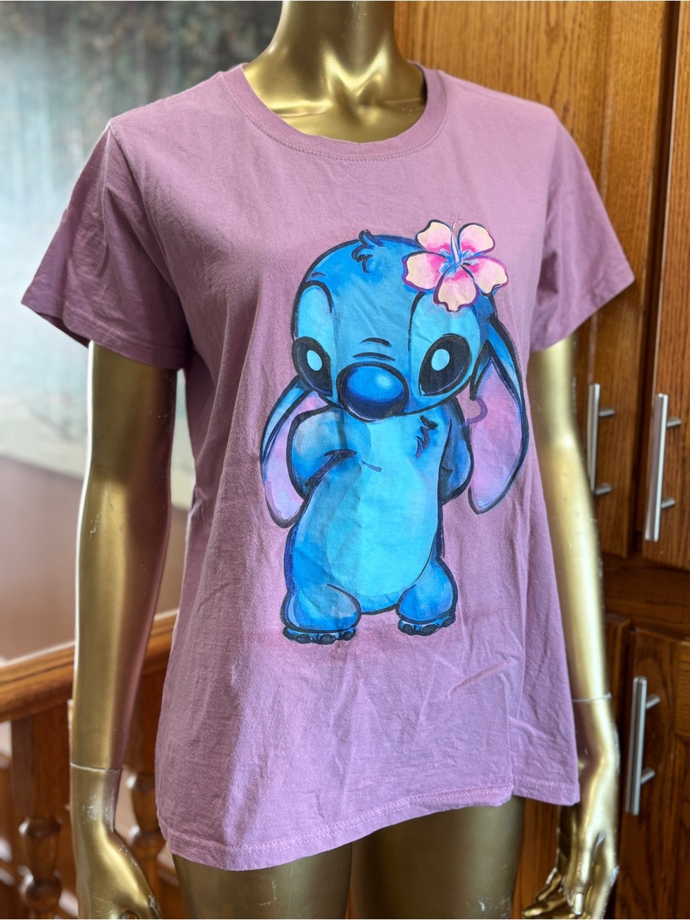 Disney Lavender Tee with Blue Stitch and Pink Flower